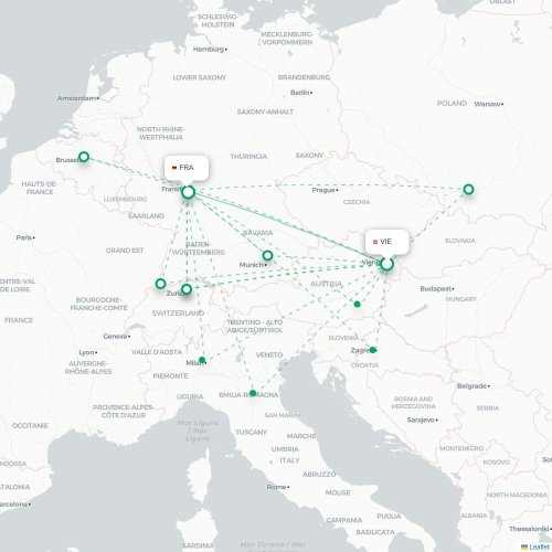 Mapa lotu bezpośredniego Wiedeń – Frankfurt nad Menem
