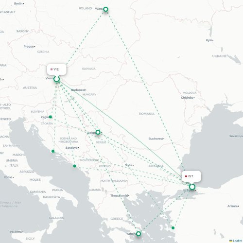 Wien - Istanbul karta över direktflyg
