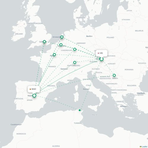 Wien - Madrid karta över direktflyg
