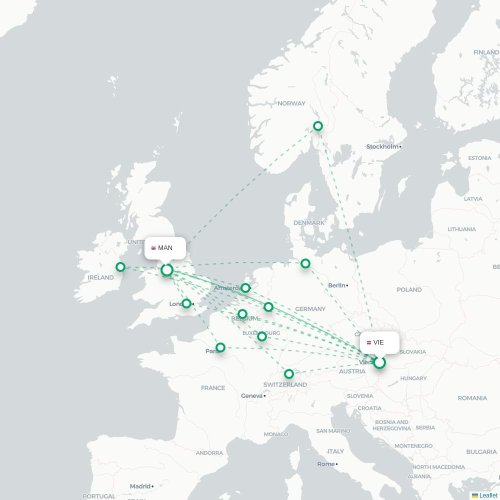 Wien - Manchester karta över direktflyg