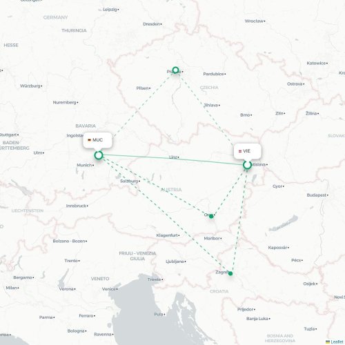 Mapa lotu bezpośredniego Wiedeń – Monachium