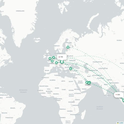 Mapa lotu bezpośredniego Wiedeń – Singapur