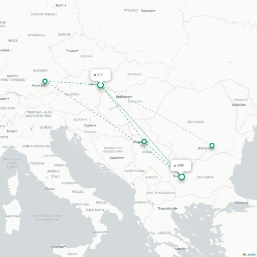Mapa de vuelo directo Viena - Sofía