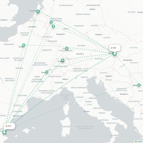 Wien - Valencia karta över direktflyg