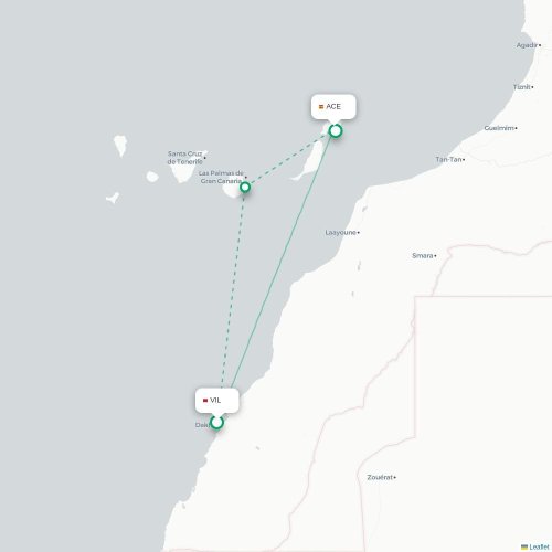 Mapa de vuelo directo Dajla, Sáhara Occidental - Arrecife