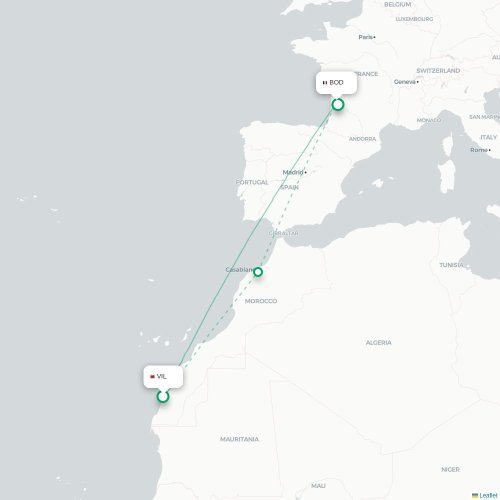 Mapa de vuelo directo Dajla, Sáhara Occidental - Burdeos
