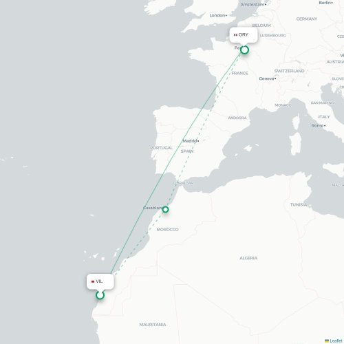 Mapa de vuelo directo Dajla, Sáhara Occidental - París