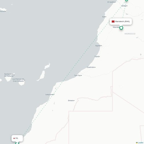 Mapa de vuelo directo Dajla, Sáhara Occidental - Marrakech