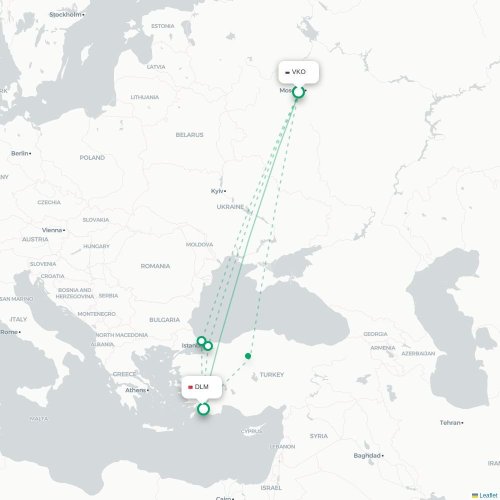 Mapa de vuelo directo Moscú - Dalaman