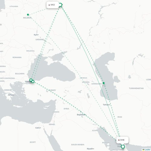 Mapa de vuelo directo Moscú - Dubái