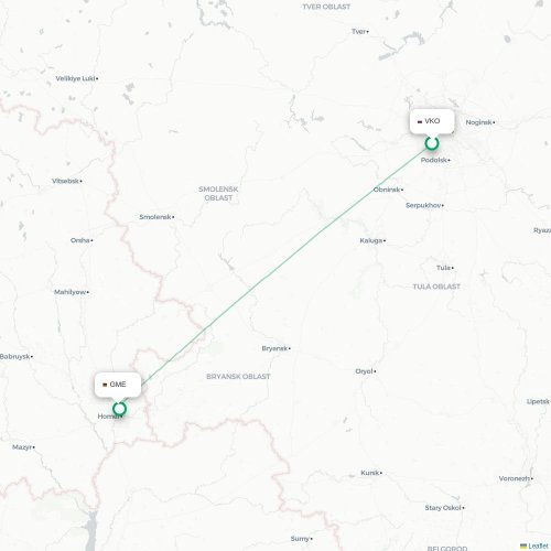 Mapa de vuelo directo Moscú - Homiel