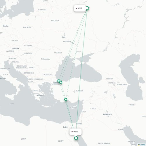 Mapa lotu bezpośredniego Moskwa – Hurghada