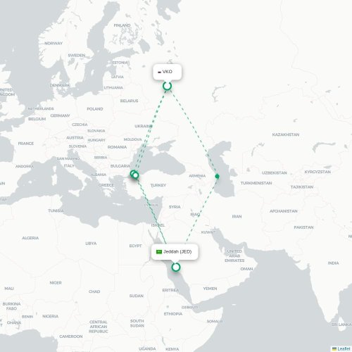 Mapa de vuelo directo Moscú - Jedda