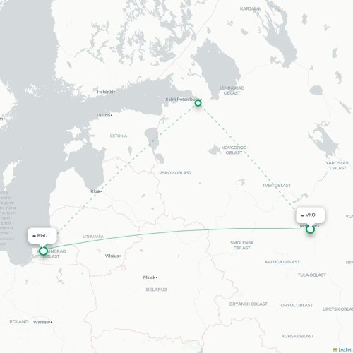 Moskou - Kaliningrad kaart van rechtstreekse vlucht