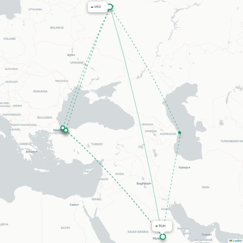 Mapa lotu bezpośredniego Moskwa – Rijad