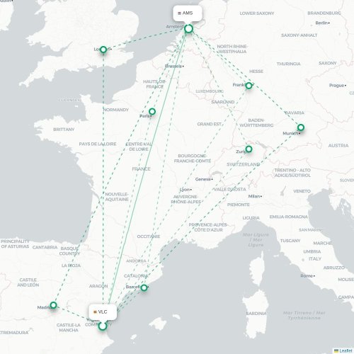 Valencia - Amsterdam kaart van rechtstreekse vlucht