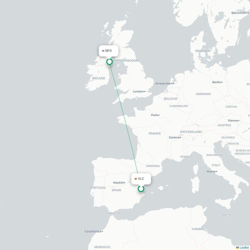 Mapa de vuelo directo Valencia - Belfast