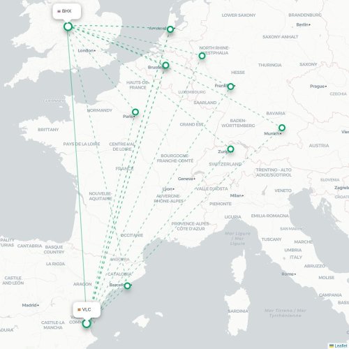 Mapa de vuelo directo Valencia - Birmingham