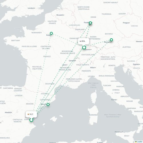 Mapa de vuelo directo Valencia - Basilea, Suiza