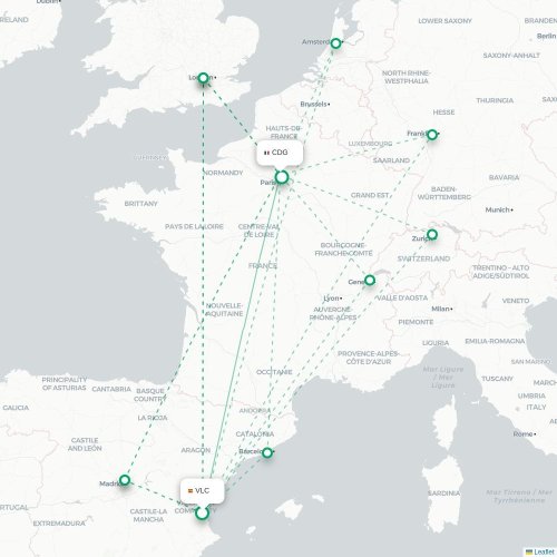 Mapa de vuelo directo Valencia - París