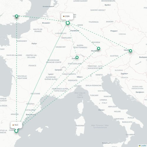 Mapa de vuelo directo Valencia - Colonia