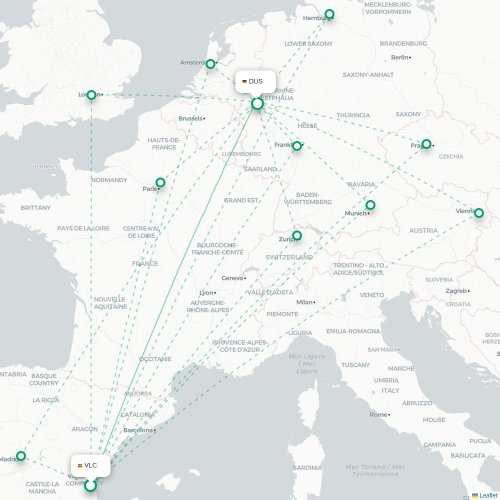 Mapa de vuelo directo Valencia - Düsseldorf