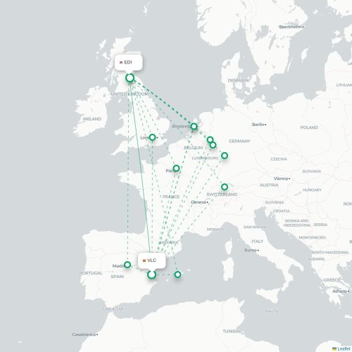 Mapa de vuelo directo Valencia - Edimburgo