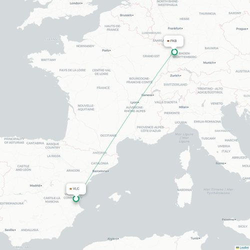 Mapa de vuelo directo Valencia - Karlsruhe