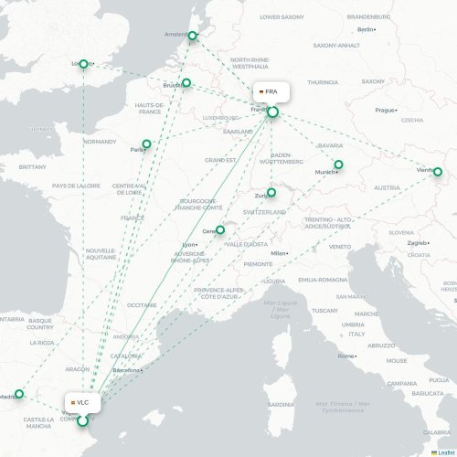 Mapa de vuelo directo Valencia - Fráncfort