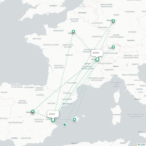 Mapa de vuelo directo Valencia - Ginebra