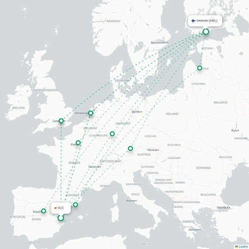 Valencia - Helsingfors karta över direktflyg