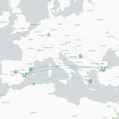 Mapa de vuelo directo Valencia - Estambul