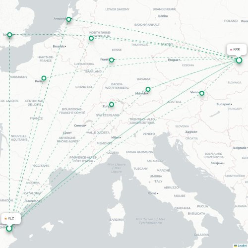 Mapa lotu bezpośredniego Walencja – Kraków