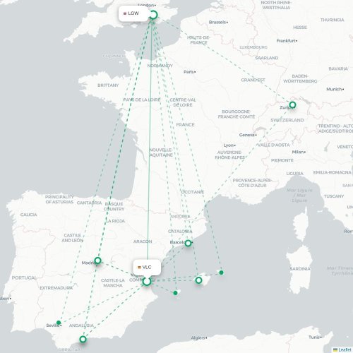 Mapa de vuelo directo Valencia - Londres