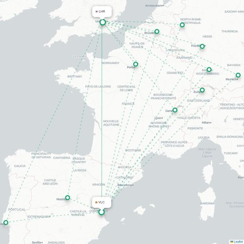Mapa de vuelo directo Valencia - Londres