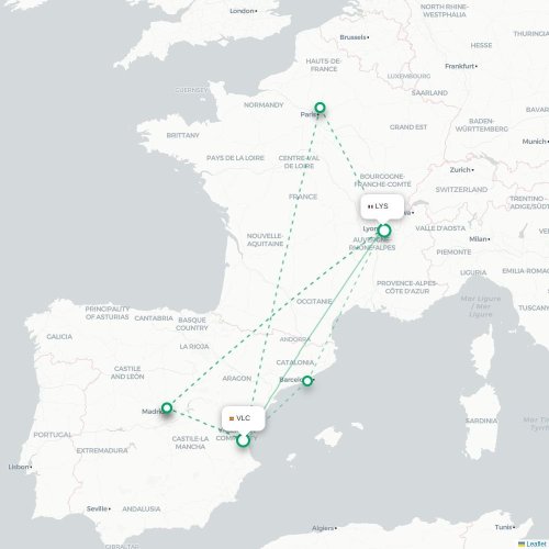 Mapa de vuelo directo Valencia - Lyon