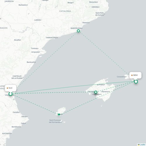 Mapa de vuelo directo Valencia - Mahón