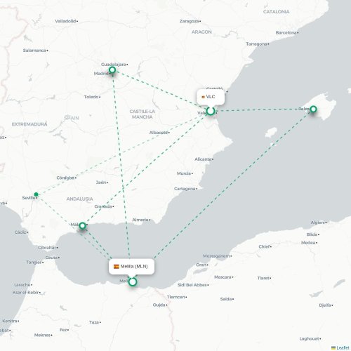Mapa de vuelo directo Valencia - Melilla