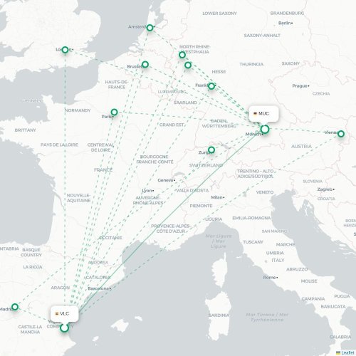 Mapa de vuelo directo Valencia - Múnich