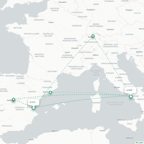 Mapa de vuelo directo Valencia - Nápoles