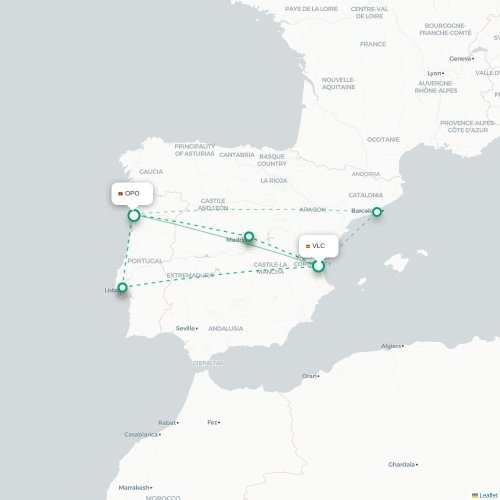 Mapa de vuelo directo Valencia - Oporto