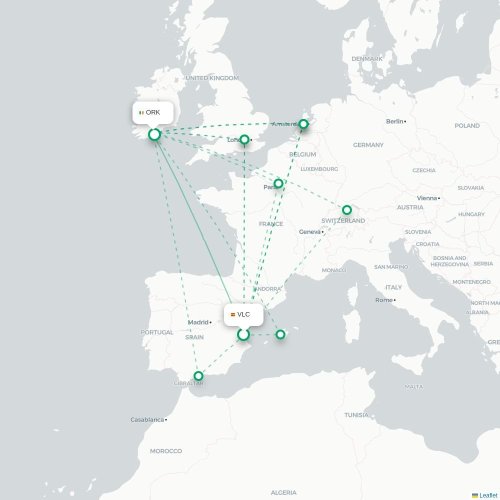 Mapa de vuelo directo Valencia - Cork