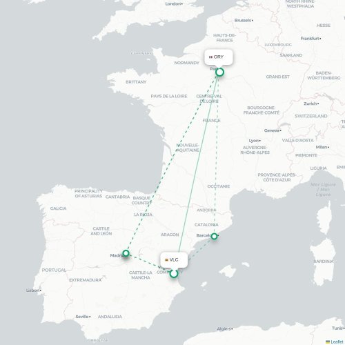Mapa de vuelo directo Valencia - París