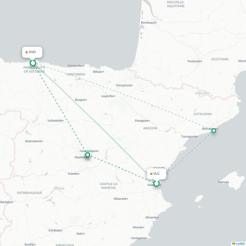 Mapa de vuelo directo Valencia - Oviedo