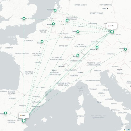 Mapa de vuelo directo Valencia - Praga