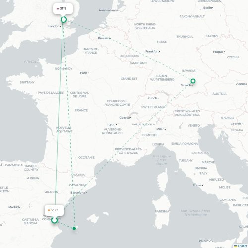 Mapa de vuelo directo Valencia - Londres