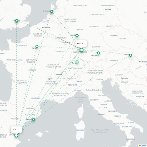 Mapa de vuelo directo Valencia - Stuttgart