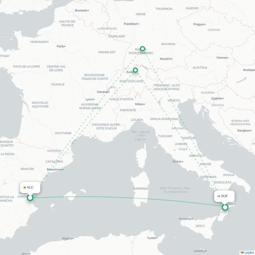 Valencia - Lamezia Terme kort over direkte fly