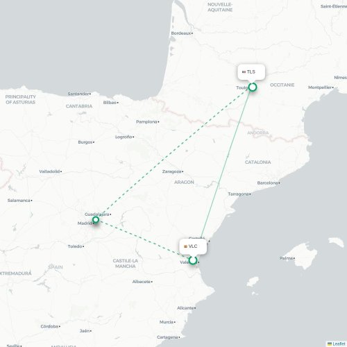 Mapa de vuelo directo Valencia - Toulouse
