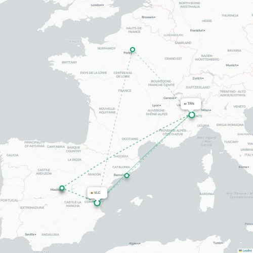 Mapa de vuelo directo Valencia - Turín, Torino